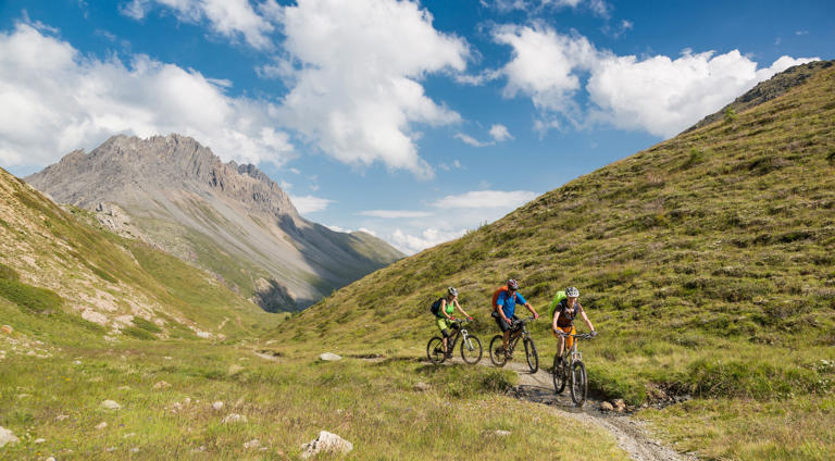 Körperliche Herausforderung in paradiesischer Landschaft: Mountainbiker bei Livigno in der Lombardei. Saro17 / E+ / Getty