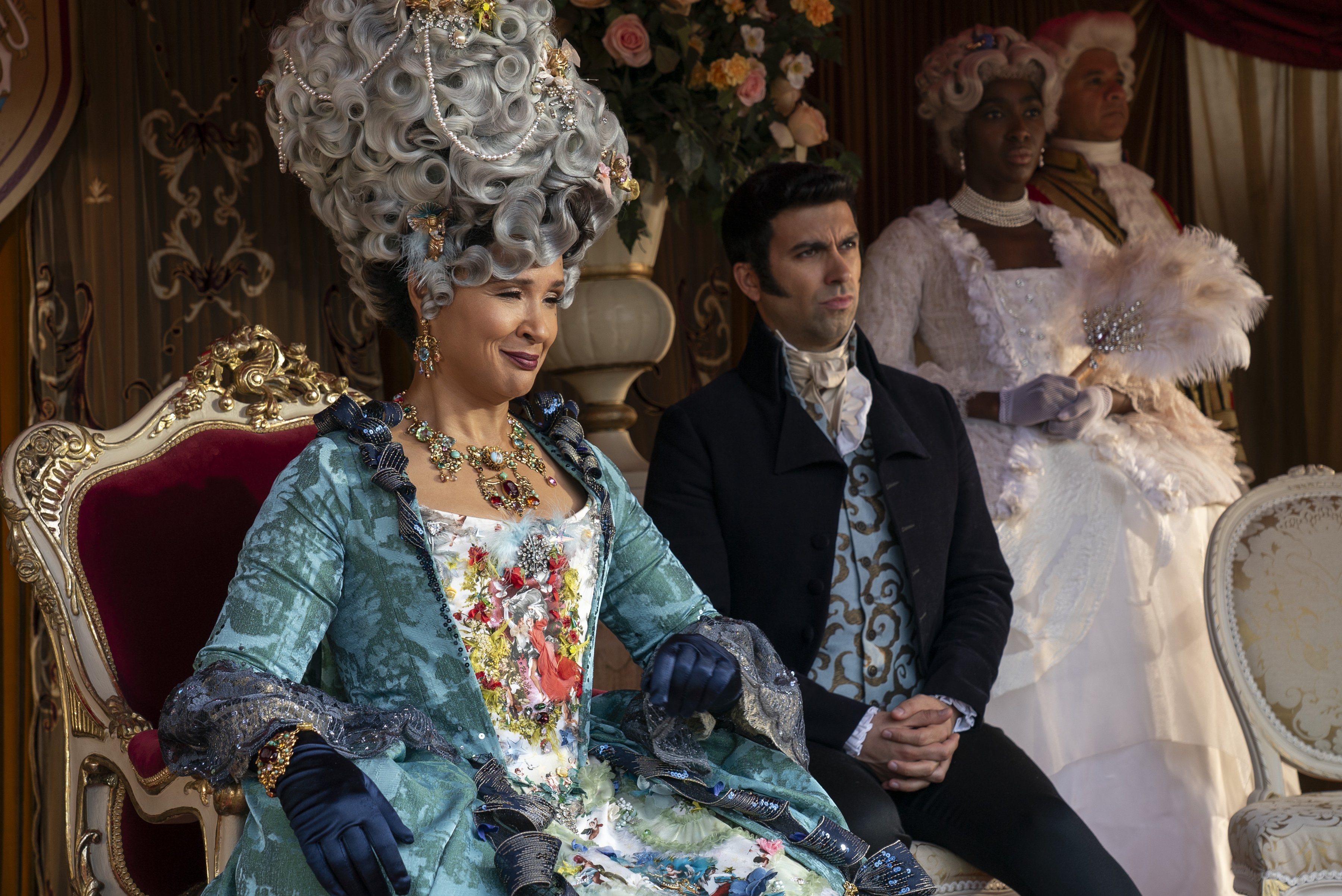 <p>Golda Rosheuvel plays Queen Charlotte and David Mumeni plays Lord Samadani in episode 3, season 3 of "Bridgerton," which debuts on Netflix on May 16, 2024.</p>