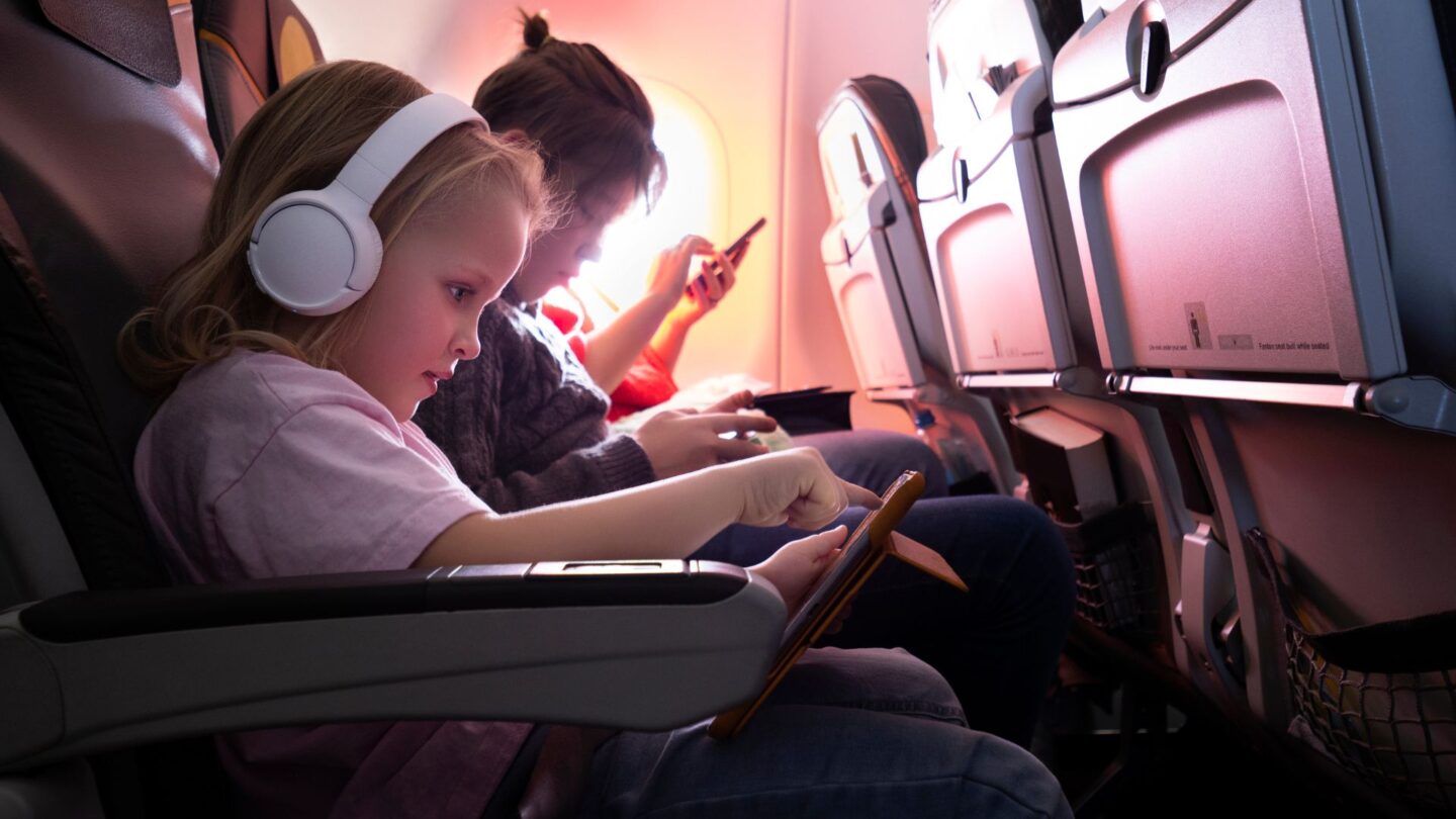 <p>Most airlines, if any, offer kid-friendly headphones while in flight. The headphones for adults can be very uncomfortable and too big to fight into a child’s ear. Working with the entertainment systems you are given, I recommend finding children’s alternatives with a cord so it easily plugs into the headphone jack.</p>