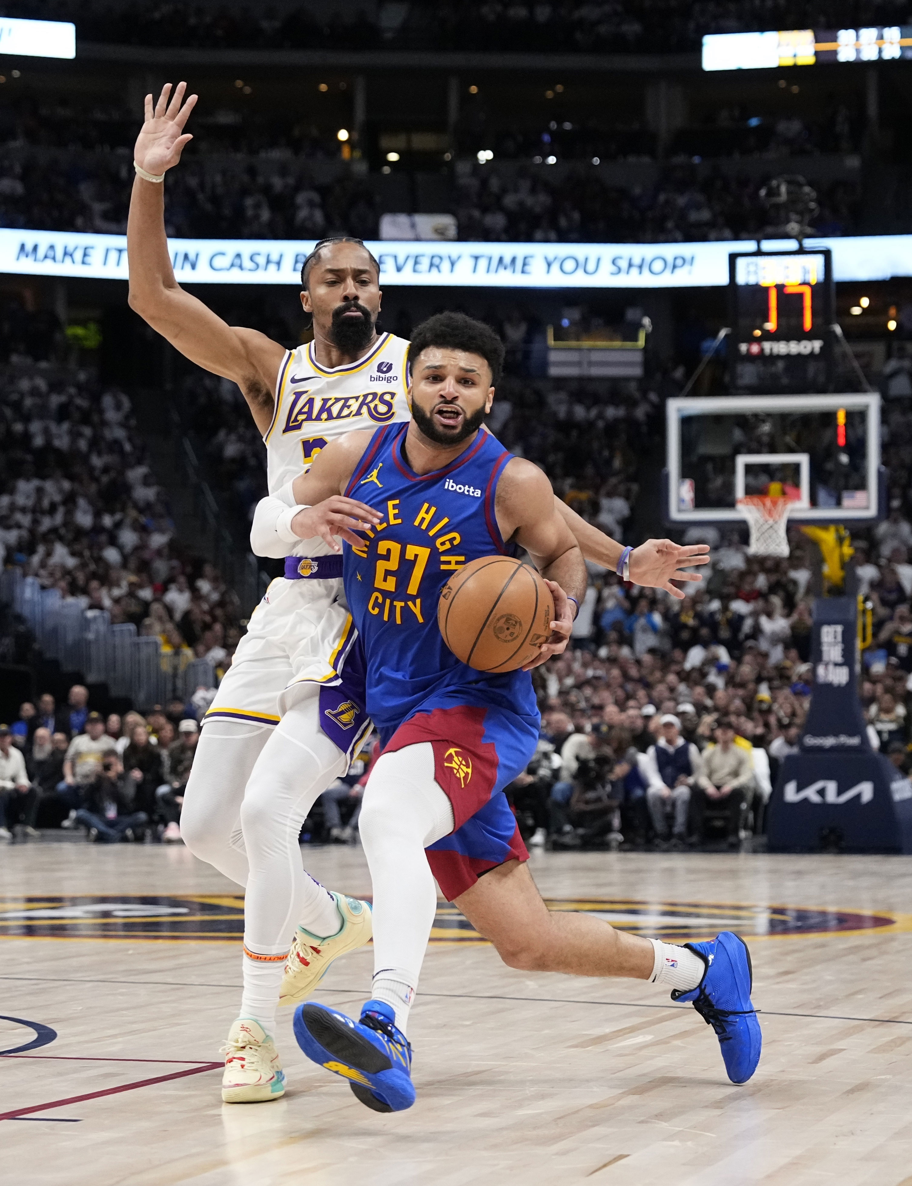 nikola jokic leads nba champ denver nuggets past lebron james and lakers 114-103 in playoff opener