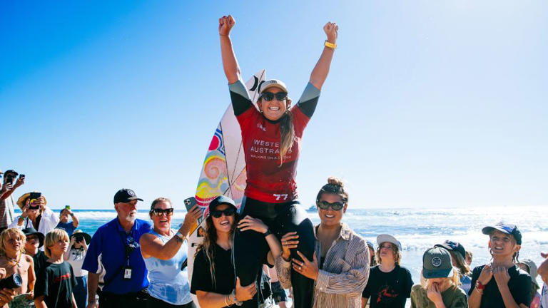 Gabriela Bryan celebrates her first world championship tour win. - Beatriz Ryder/World Surf League/Getty Images