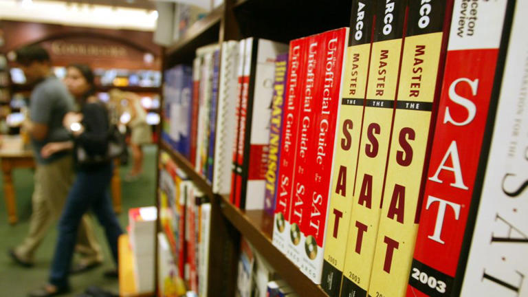 SAT test preparation books sit on a shelf at a Barnes and Noble store June 27, 2002 in New York City. - Mario Tama/Getty Images