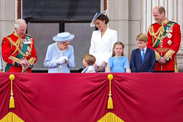 Chris Jackson/Getty Images (From left) The future King Charles, Queen Elizabeth, Prince Louis, Kate Middleton, Princess Charlotte, Prince George and Prince William on the balcony of Buckingham Palace during the Trooping the Colour parade on June 02, 2022.