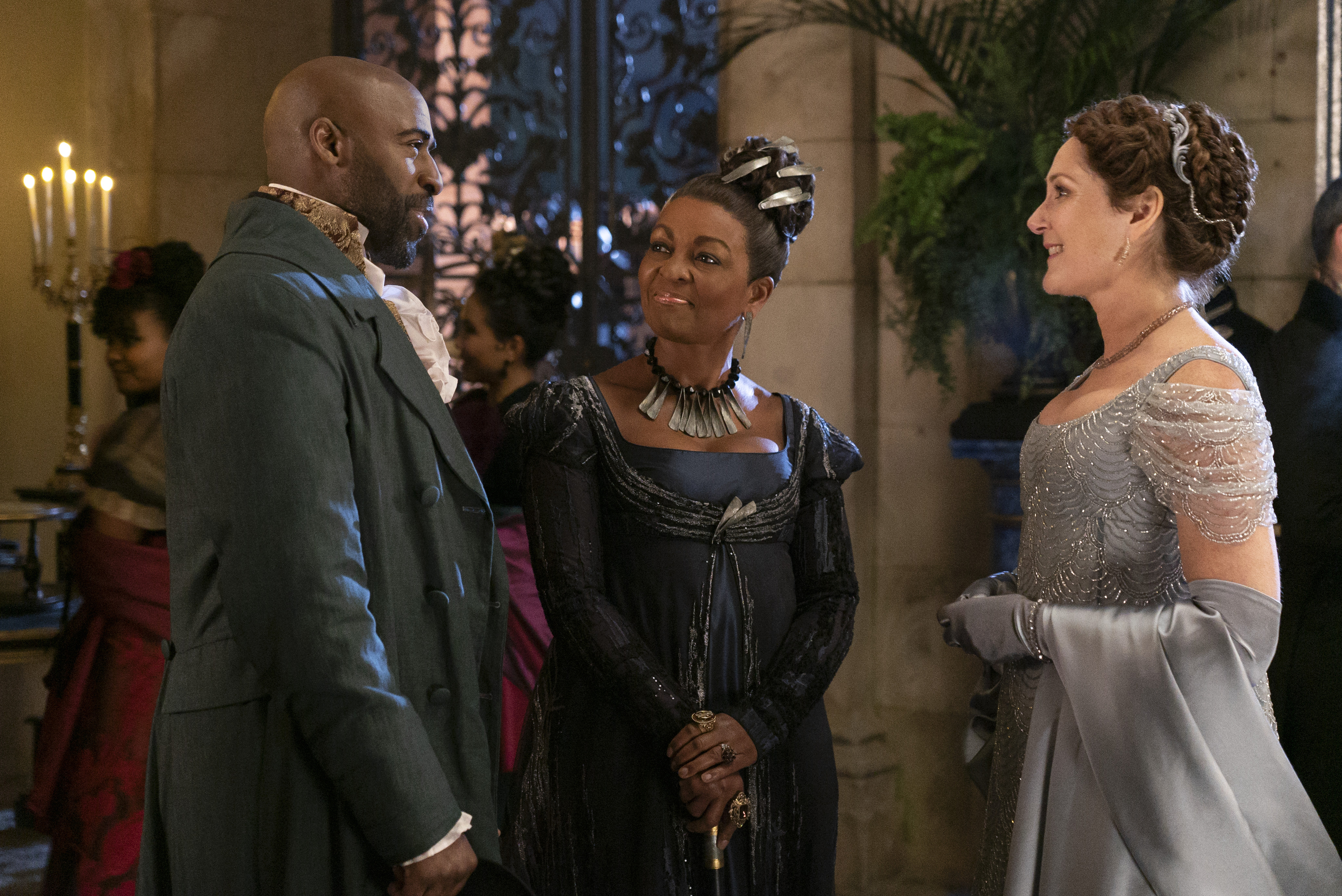 <p>Daniel Francis plays Lord Anderson, Adjoa Andoh plays Lady Danbury and Ruth Gemmell plays Lady Violet Bridgerton in episode 3, season 3 of "Bridgerton," which debuts on Netflix on May 16, 2024.</p>