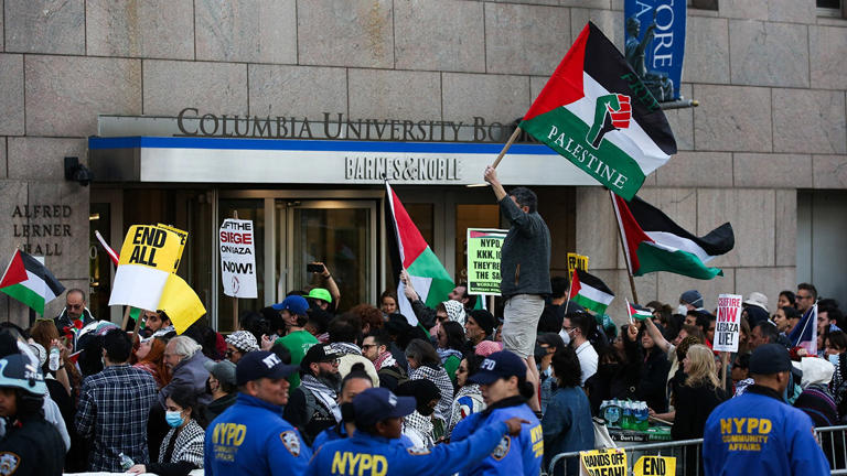 Anti-Israel agitators outside Columbia University on April 20, 2024. Getty Images