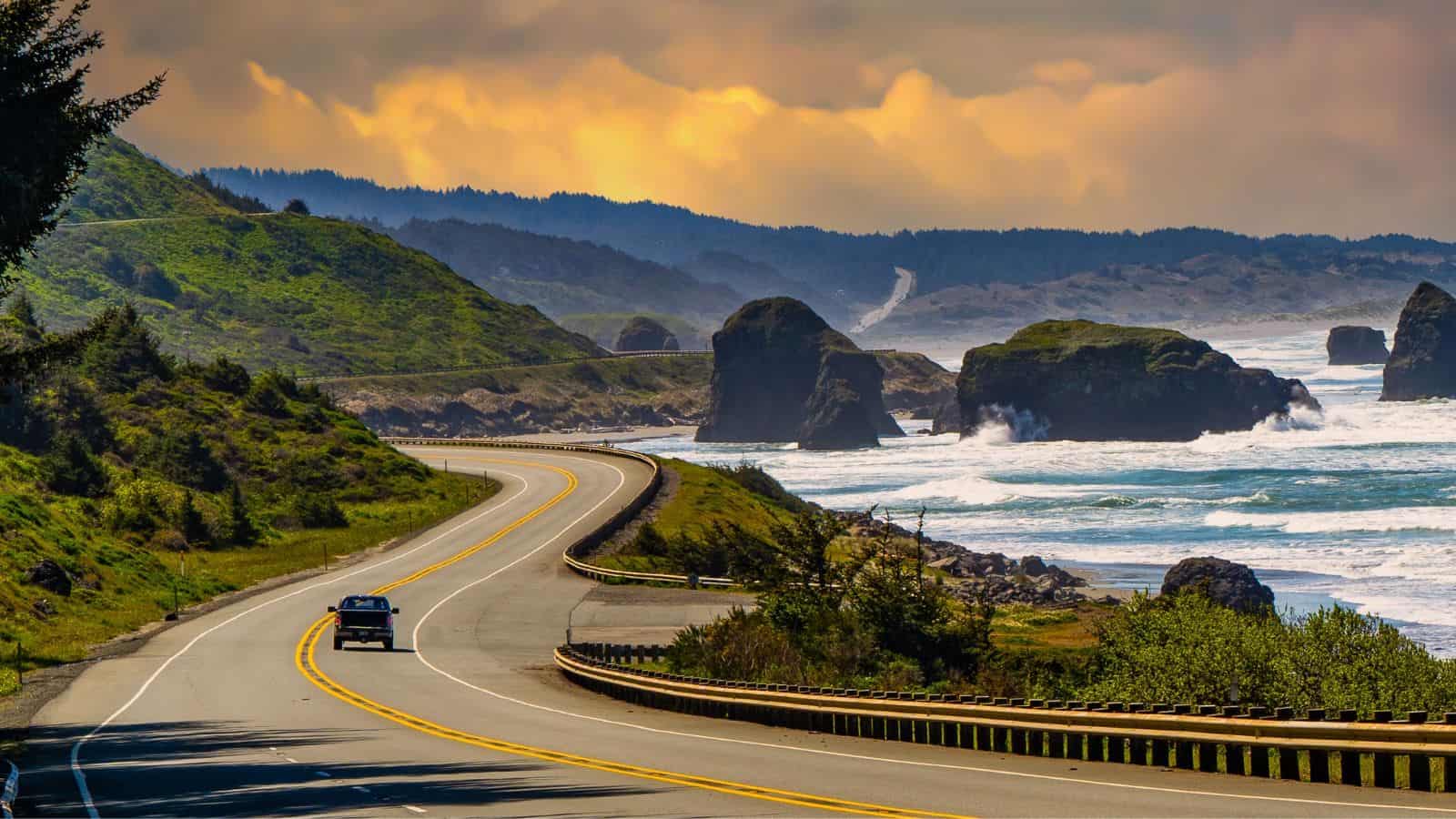 <p>Travel along Oregon’s Highway 101, winding through picture-perfect coastal towns, lush forests, and stunning ocean views.</p><p>This 363-mile route stretches along the Pacific coastline, offering opportunities for whale watching, beachcombing, and exploring historic lighthouses.</p><p>Towns like Astoria, Cannon Beach, and Newport are great bases for enjoying outdoor activities such as hiking, kayaking, and fishing. Along this breathtaking route, explore the Oregon Dunes National Recreation Area, Cape Perpetua Scenic Area, and the Sea Lion Caves.</p><p>There are tons of <a href="https://whatthefab.com/airbnb-oregon-coast.html" rel="follow">Airbnbs on the Oregon coast</a> for staying a few nights if one of these cities demands a longer stay—the best road trips are those with flexibility!</p>