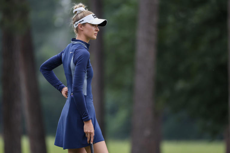 Apr 20, 2024; The Woodlands, Texas, USA; Nelly Korda (USA) waits to putt on the first green during the third round of The Chevron Championship golf tournament. Mandatory Credit: Thomas Shea-USA TODAY Sports