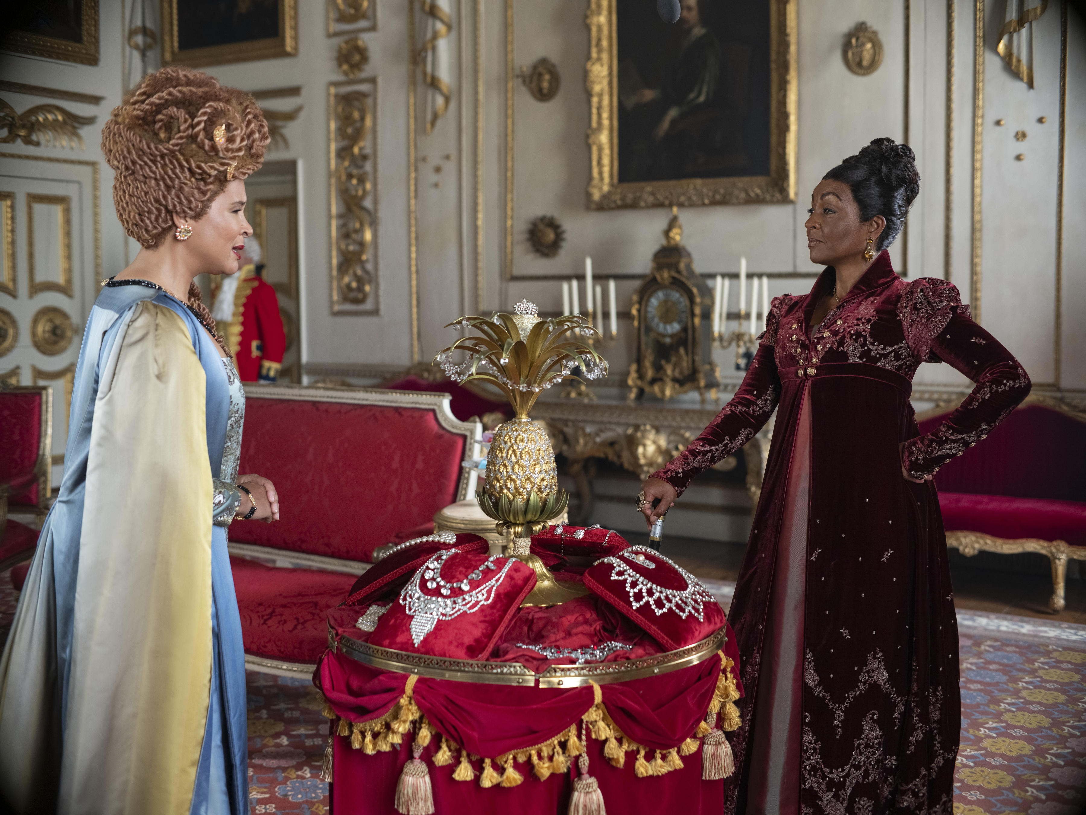 <p>Golda Rosheuvel plays Queen Charlotte and Adjoa Andoh plays Lady Agatha Danbury in episode 2, season 3 of "Bridgerton," which debuts on Netflix on May 16, 2024.</p>