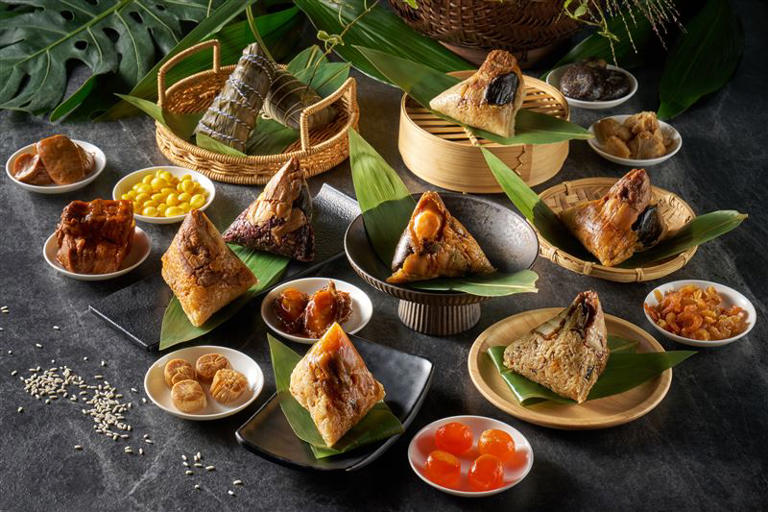 台北福華江浙餐廳江南春推出紅燒鮑魚粽、雙寶酒糟鮮肉粽等八種口味的粽子。（圖／飯店業者提供）