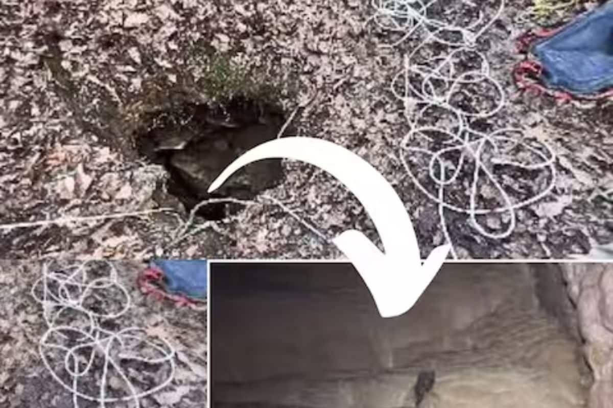 watch: man discovers underground waterfall after climbing down a hole in forest