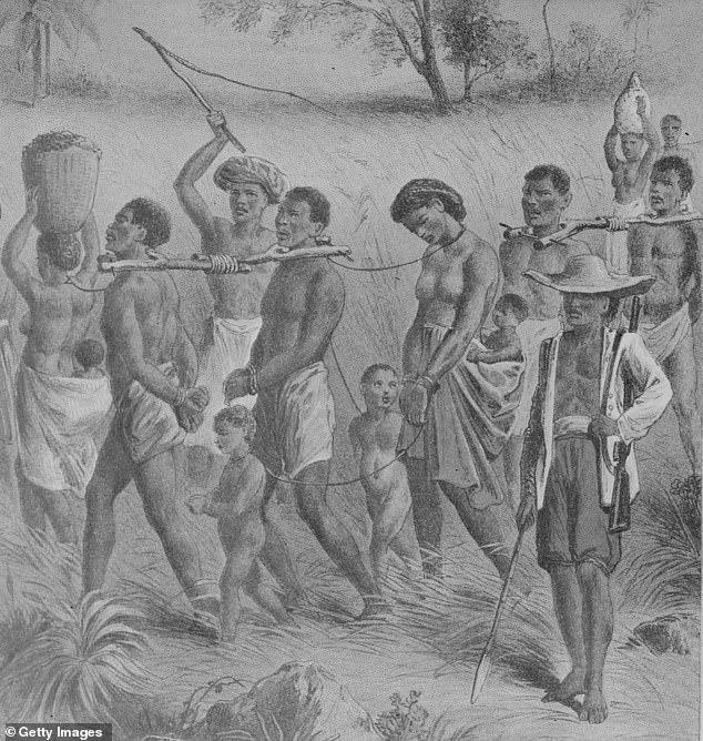 It is estimated that between 1627 to 1807, some 387,000 Africans were sent to Barbados against their will. Above: Shackled Africans being taken into slavery