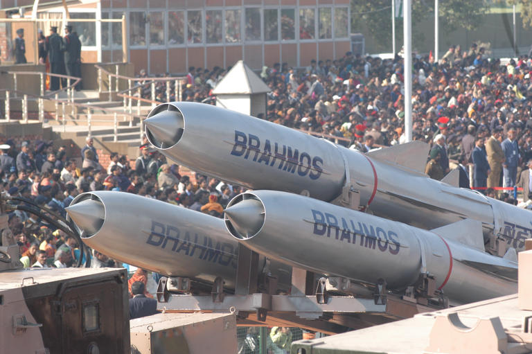 Brahmos Missile on display during a full dress rehearsal for upcoming Republic Day parade at Rajpath, on January 23, 2006, in New Delhi, India. India-made BrahMos missile was delivered to the Philippines on Friday.