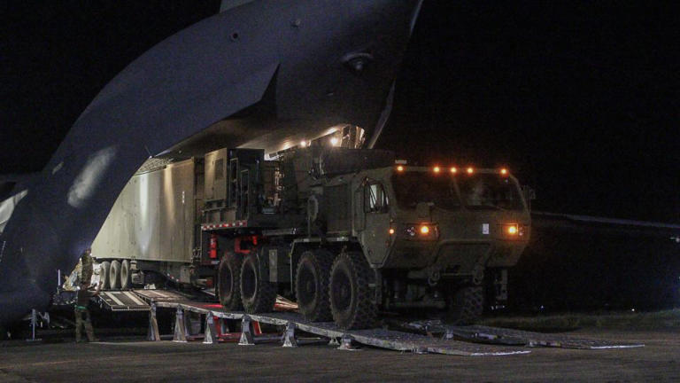 A Mid-Range Capability (MRC) Launcher is unloaded from a US Air Force C-17 in the Philippines earlier this month. - US Army Pacific