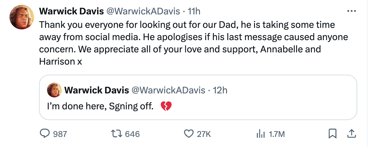 warwick davis apologises for concern over social media post after wife’s death