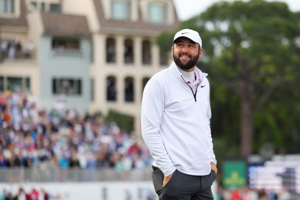 HILTON HEAD ISLAND, SOUTH CAROLINA - APRIL 22: Scottie Scheffler of the United States reacts after winning on the 18th green during the continuation of the final round of the RBC Heritage at Harbour Town Golf Links on April 22, 2024 in Hilton Head Island, South Carolina. (Photo by Andrew Redington/Getty Images)