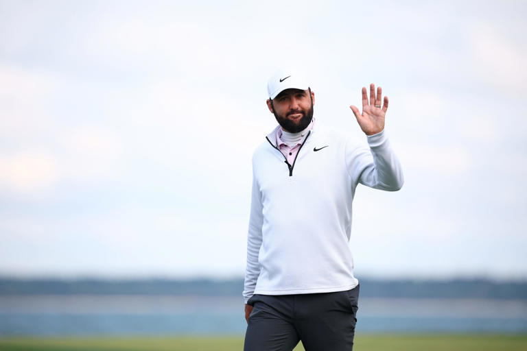 Scottie Scheffler of the United States arrives to the trophy presentation after winning during the continuation of the final round of the RBC Heritage at Harbour Town Golf Links on April 22, 2024 in Hilton Head Island, South Carolina. (Photo by Jared C. Tilton/Getty Images)