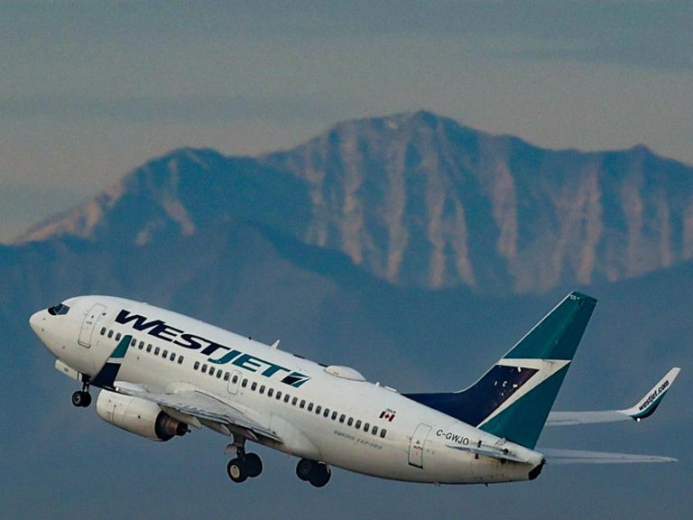 A WestJet Boeing 737 climbs after take-off from the Calgary International Airport on Tuesday, October 5, 2021.