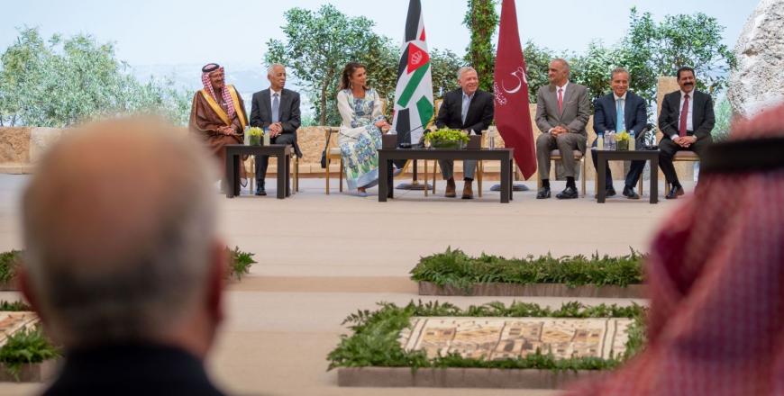 his majesty king abdullah, accompanied by her majesty queen rania, meets with figures and representatives from madaba at mount nebo