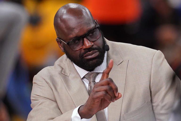 nba-analyst-and-former-player-shaquille-oneal-speaks-before-the-game-between-the-golden-state-warriors-and-the-boston-celtics-during-game-two-of-the-2022-nba-finals-at-chase-center