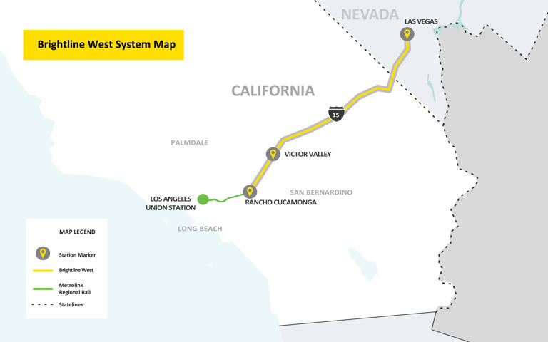 A map showing the Brightline West route from Rancho Cucamonga to Las Vegas. Metrolink trains will connect Las Angeles passengers to the new rail line.
