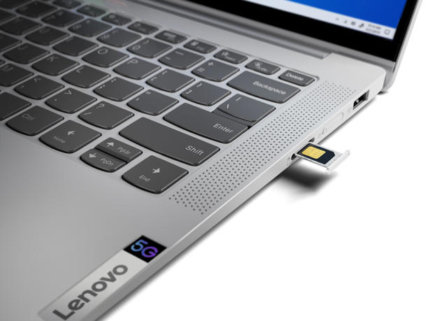 A physical SIM card going into a Lenovo IdeaPad laptop. (Image credit: Lenovo)
