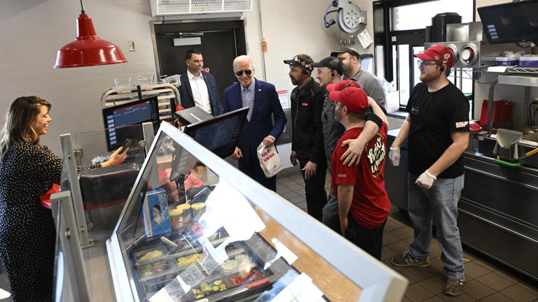 President Biden greets employees at a Sheetz gas station in Pittsburgh, Pennsylvania, on April 17, 2024. Getty Images