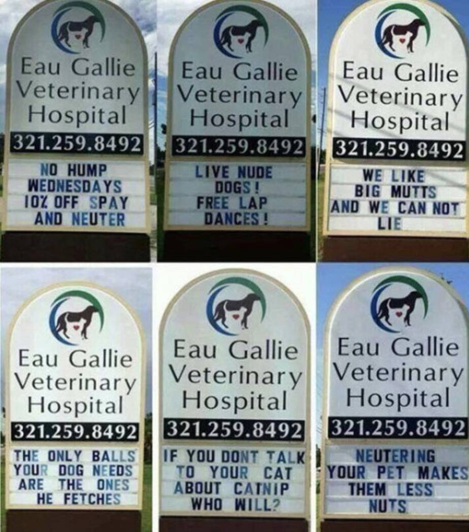 <p>There's a clear theme to a lot of this vet clinic's signs and they're a great argument for why it's probably best that pets can't read. It's hard enough to get them to agree to vet visit without giving them the impression they're going to be neutered every time.</p> <p>After all, neutering them may make them less nuts (har har) but telling them that's about to happen tends to have the opposite effect. And the cat will just say they can stop the catnip anytime. </p>