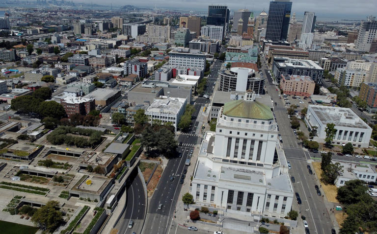 The Alameda County Superior Courthouse is seen from this drone view in Oakland, California, on May 13, 2021.