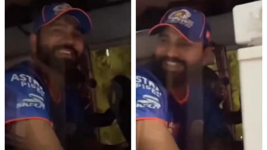 rohit sharma can't stop giggling as ‘hamara captain kaisa ho…’ chants engulf mi team bus stuck in traffic jam in jaipur