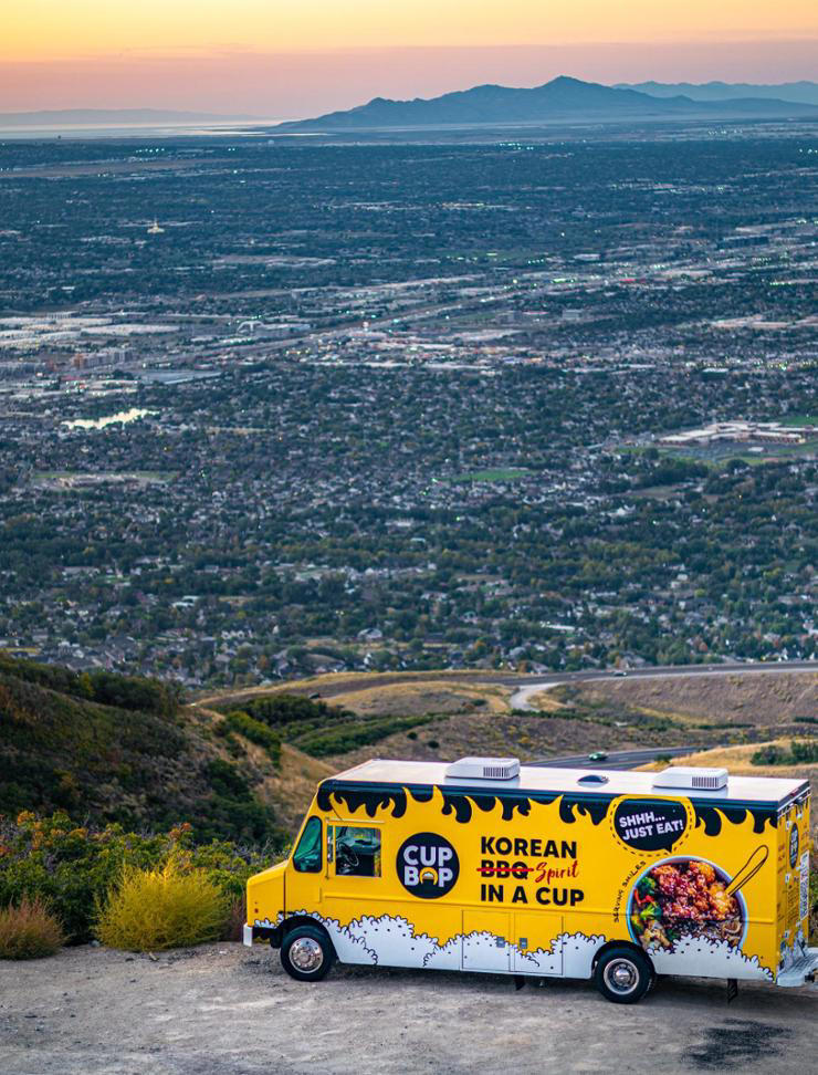 The Korean BBQ food truck chain Cupbop's food truck, overlooking Salt Lake City, Utah, is parked in this 2023 photo. Courtesy of Cupbop