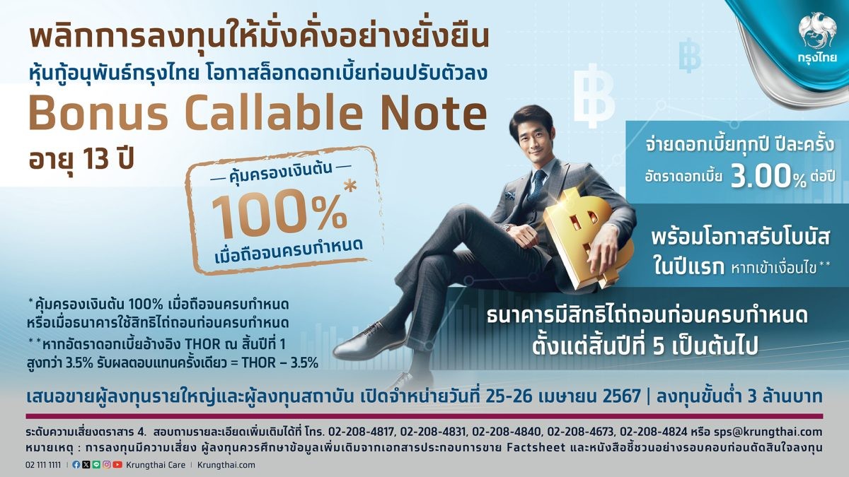 ktb ขาย ‘หุ้นกู้อนุพันธ์กรุงไทย อายุ 13 ปี’ ล็อกดอกเบี้ย 3.0% พร้อมโบนัสปีแรก