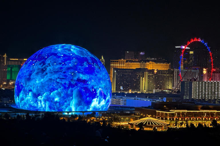 The MSG Sphere illuminates the Las Vegas skyline with a display to celebrate Independence Day on Tuesday, July 4, 2023.