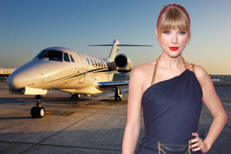 Taylor Swift is pictured on December 12, 2019 in Los Angeles, California. Background shows a stock image of a private jet in Dubai, United Arab Emirates. Pop star Swift's private jet use has become a talking point once again.