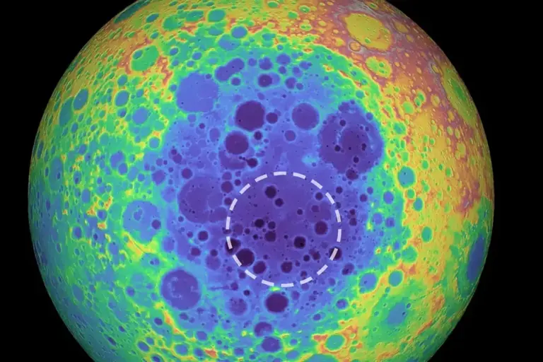 A graphic of the far side of the moon where the South Pole-Aitken basin is located – the dashed circle indicates where the deep anomaly is found (NASA/Goddard)