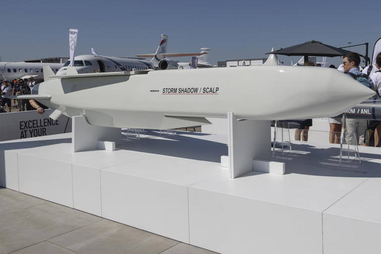 A SCALP EG/ Storm Shadow low-observable, long-range air-launched cruise missile at the International Paris Air Show 2023 in Paris, France, in June 2023. "Storm Shadow and other missiles, hundreds of armored vehicles and watercraft, ammunition—all of this is needed on the battlefield," Ukrainian leader Volodymyr Zelensky said in a post to X on Tuesday.