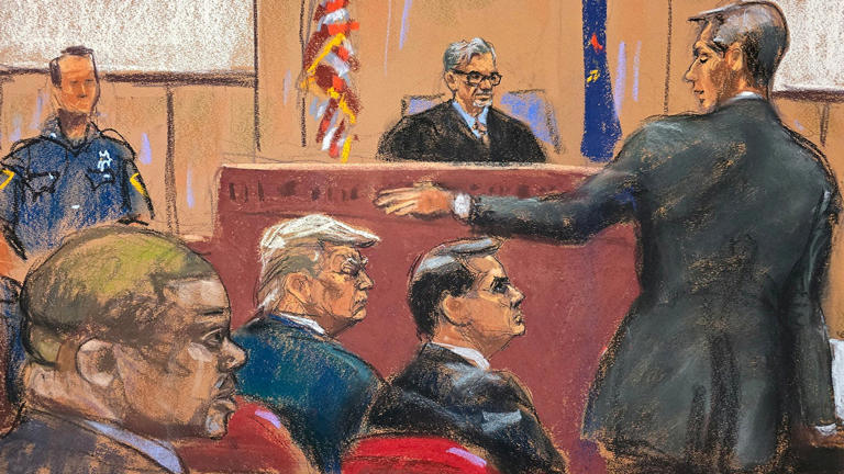 This sketch from a Manhattan courtroom on April 22, 2024, shows prosecutor Matthew Colangelo making opening statements as former President Trump looks on during Trump's criminal trial on charges that he falsified business records to conceal money paid to silence porn star Stormy Daniels in 2016. Reuters