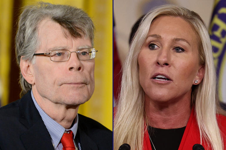 From left: Stephen King is pictured on September 10, 2015 in Washington, D.C; U.S. Rep. Marjorie Taylor Greene (R-GA) is seen on February 6, 2024 in Washington, D.C. King's recent comment about Greene has taken off on social media.