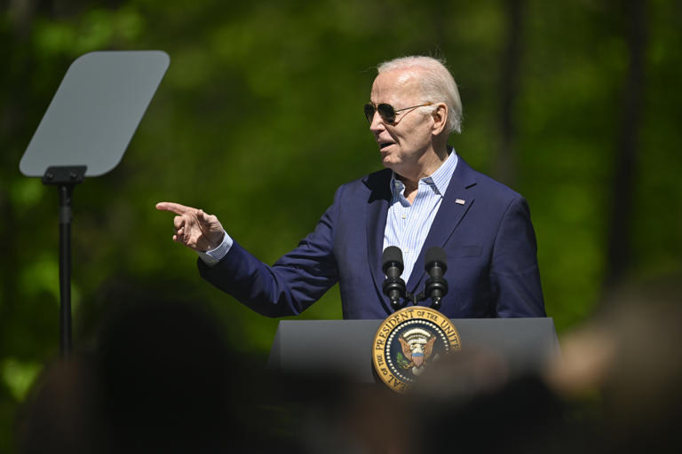 President Joe Biden deliver remarks on Earth Day event at Prince William Forest Park in Virginia on April 22, 2024. A group of pro-Palestinian faculty and staff members at Georgia universities wrote a letter on Tuesday opposing the decision by Morehouse College to have Biden give this year's commencement speech.