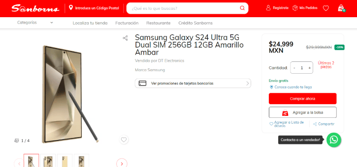 amazon, android, samsung galaxy s24 ultra 5g de 256gb, android 14 y snapdragon 8 gen 3; más barato que en sanborns