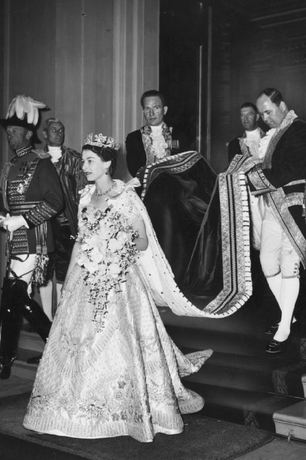 <p>                     Queen Elizabeth's coronation bouquet was seriously impressive, with stunning white flowers representing different parts of the UK. The bouquet consisted of orchids and lilies-of-the-valley from England, stephanotis from Scotland, orchids from Wales, and carnations from Northern Ireland and the Isle of Man.                   </p>