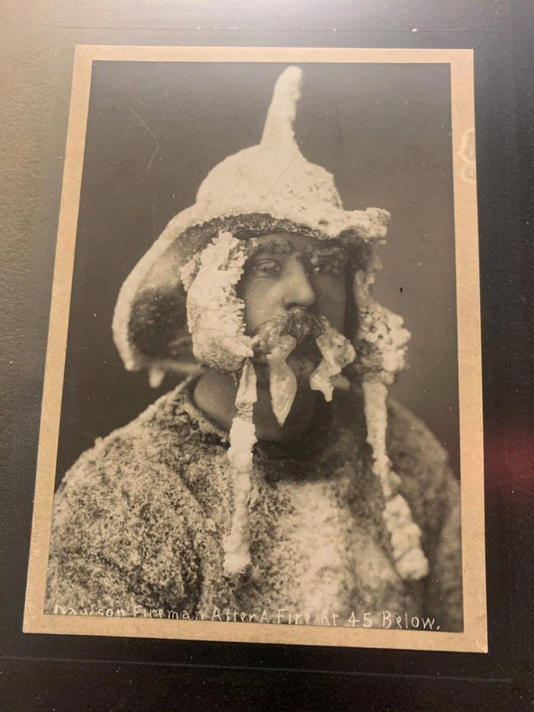  A photo of a Dawson City fireman covered in icycles after fighting a winter fire in 1899. From the Phil Lind Klondike Gold Rush Collection at the University of British Columbia.