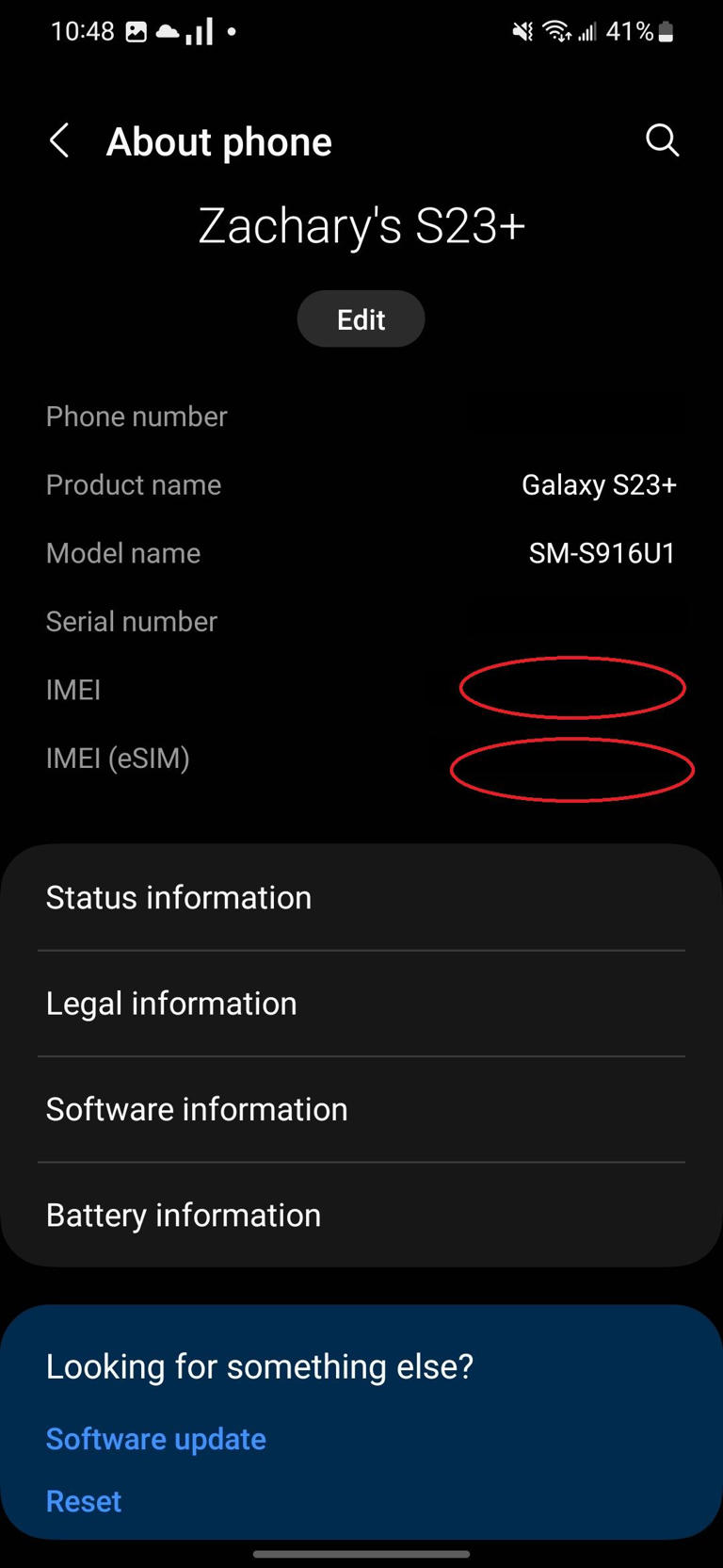 The About Phone section of the Samsung Settings app with red circles where the IMEI numbers for the phone will appear