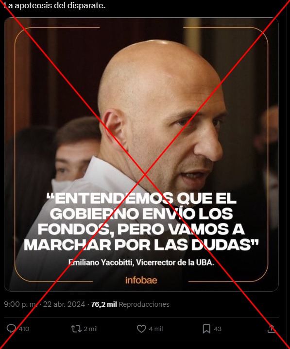 placa de infobae con yacobitti reconociendo el pago de fondos a universidades argentinas es falsa