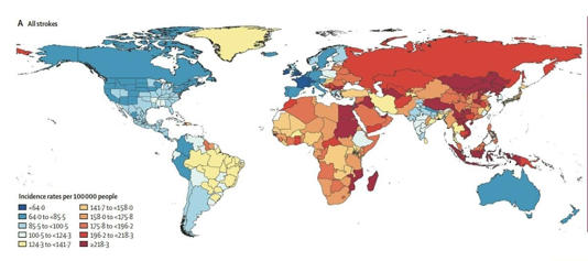 Bản đồ tỷ lệ đột quỵ ước tính trên 100.000 dân của các quốc gia trên thế giới, Việt Nam nằm trong số những nước có màu đỏ đậm nhất. Ảnh: Lancet