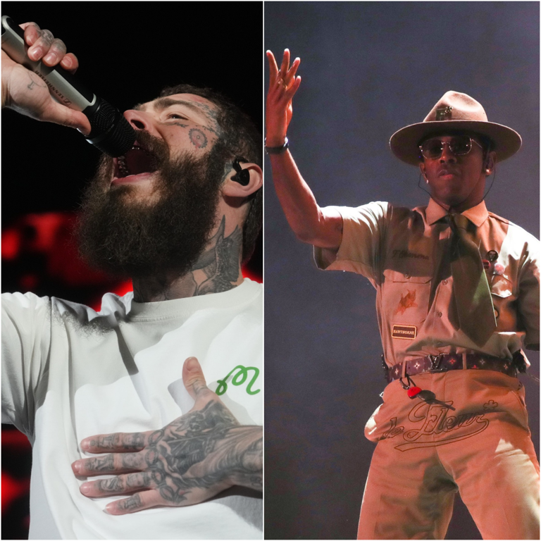 Post Malone kicks off 2024 WM Phoenix Open at TPC Scottsdale on Feb. 3, 2024. / Tyler, the Creator throws a pair of binoculars into the crowd during the second weekend of the Coachella Valley Music and Arts Festival in Indio, Calif., April 20, 2024.