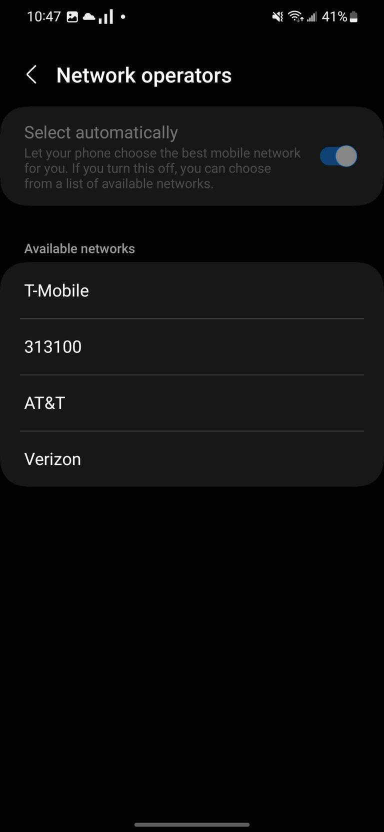 The Network operators page in the Samsung Settings app showing all available operators
