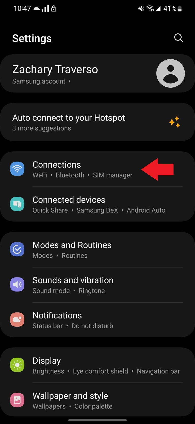 The Samsung Settings app with a red arrow pointing to the Connections section