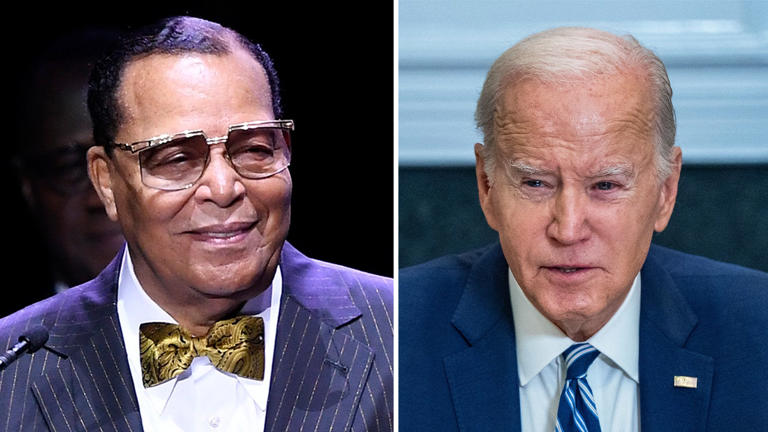 Nation of Islam leader Louis Farrakhan, left, has a long history of antisemitic rhetoric dating back decades. The White House has said President Biden, right, condemns Farrakhan. Getty Images