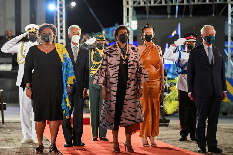 Mottley at the 2021 handover event alongside guests including Rihanna and then Prince Charles, officially parting ways with the British monarchy’s reign over Barbados (Getty)