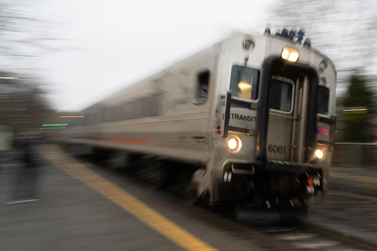 An NJ Transit train arrives at the Clifton Station on Thursday April 11, 2024.